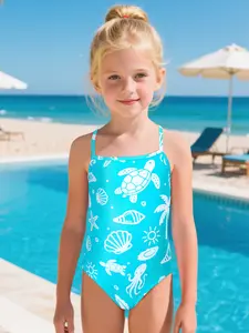 Girls One-Piece Swimwear, Sporty Thin Strap Bathing Suit, Toddler Swimsuit, Cartoon Ocean Series Print Swimming Costume, Comfortable Fashion Beach Wear, Swimsuits