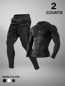 Men's Hooded Long Sleeve T-Shirt Set with Faux Two-Piece Pants, Tracksuit Set, Sporty Style, Moderate Fabric, Fall & Winter