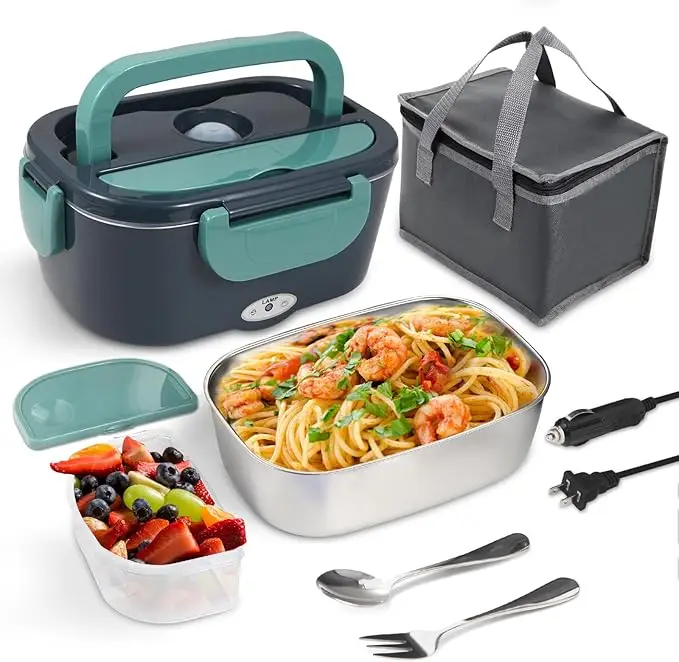 Electric Lunch Box Food Heater 60W Portable 304 Stainless Steel Container Insulated Fork Plastic Green Stylish Fruit Set Tableware Sturdy 1.5L Capacit
