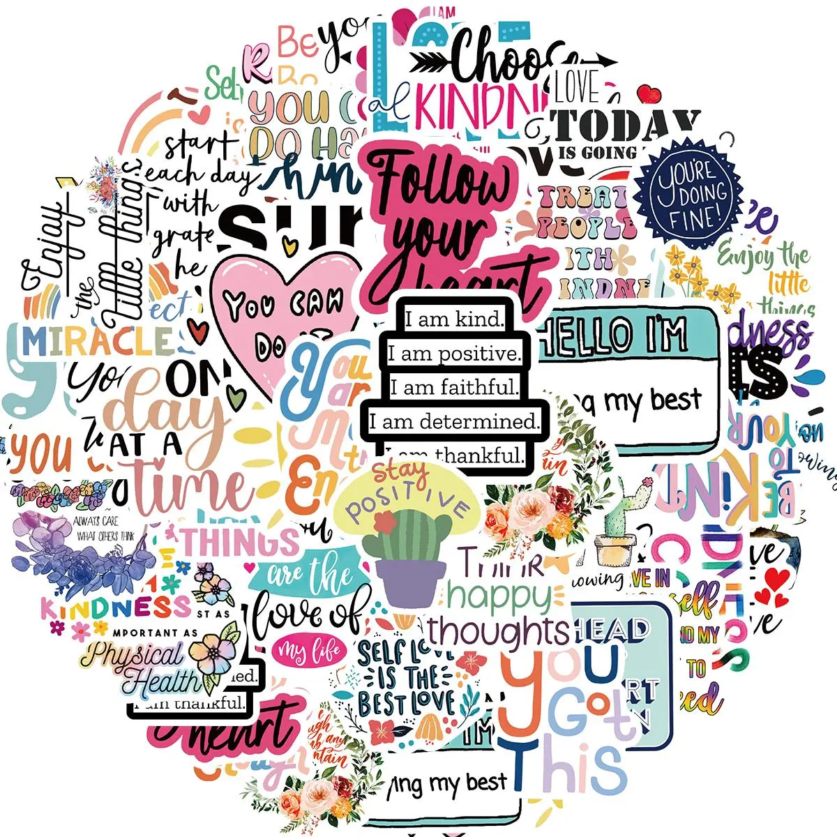 Inspirational Sticker, 52pcs/set Round Self Adhesive Decorative Sticker, DIY Decals for Water Bottle, Laptop, Phone Case, Scrapbooking, Journal Making, Ornaments