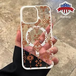 Textured Western Design Pattern Magnetic Phone Case for iPhone 15 16 14 Pro Max 13 12 11 XR XS Plus E Anti-Yellowing Shockproof Lightweight Transparent Acrylic Soft Cover Supports Wireless Charging