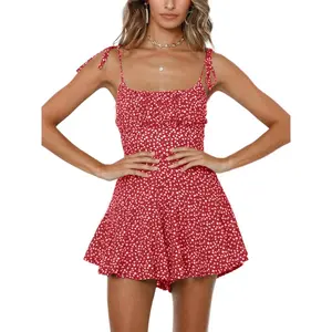 Imily Bela Women's Floral Wide Leg Rompers Spaghetti Strap Tie Ruffle Short Jumpsuits