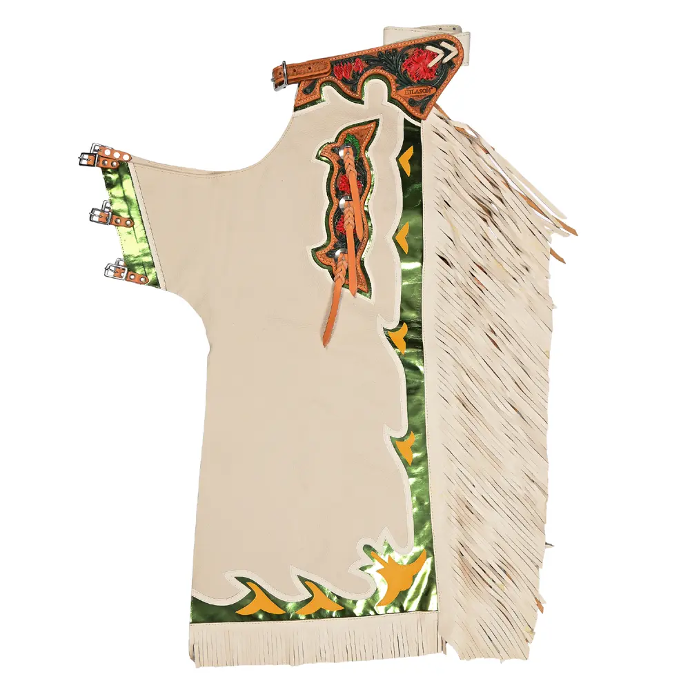 HILASON Bronc Bull Riding Genuine Leather Rodeo Western Chaps White Green Base | for Men and Women Unisex