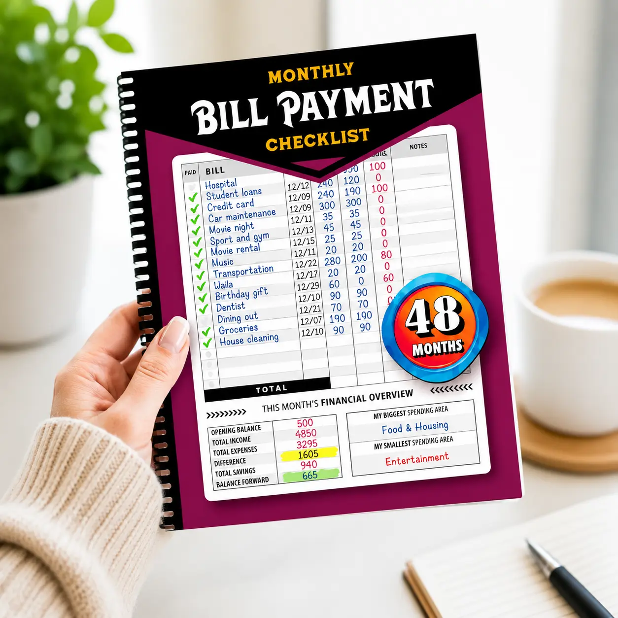 48-Month Budget Tracking Notebook - Monthly Financial Organizer with English Paper, Weekly Planner, Bill Payment Checklist, Pink Notepad for Personal Finance Management, Office Stationery Supplies