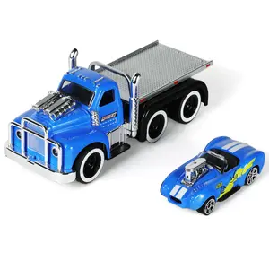 1/60 Scale Classic Muscle Truck with Mini Convertible Sports Car Pull-Back Die-Cast Set – Vintage American Hot Rod Flatbed Tractor with Collectible Roadster, Retro Vehicle Gift for Adults Blue