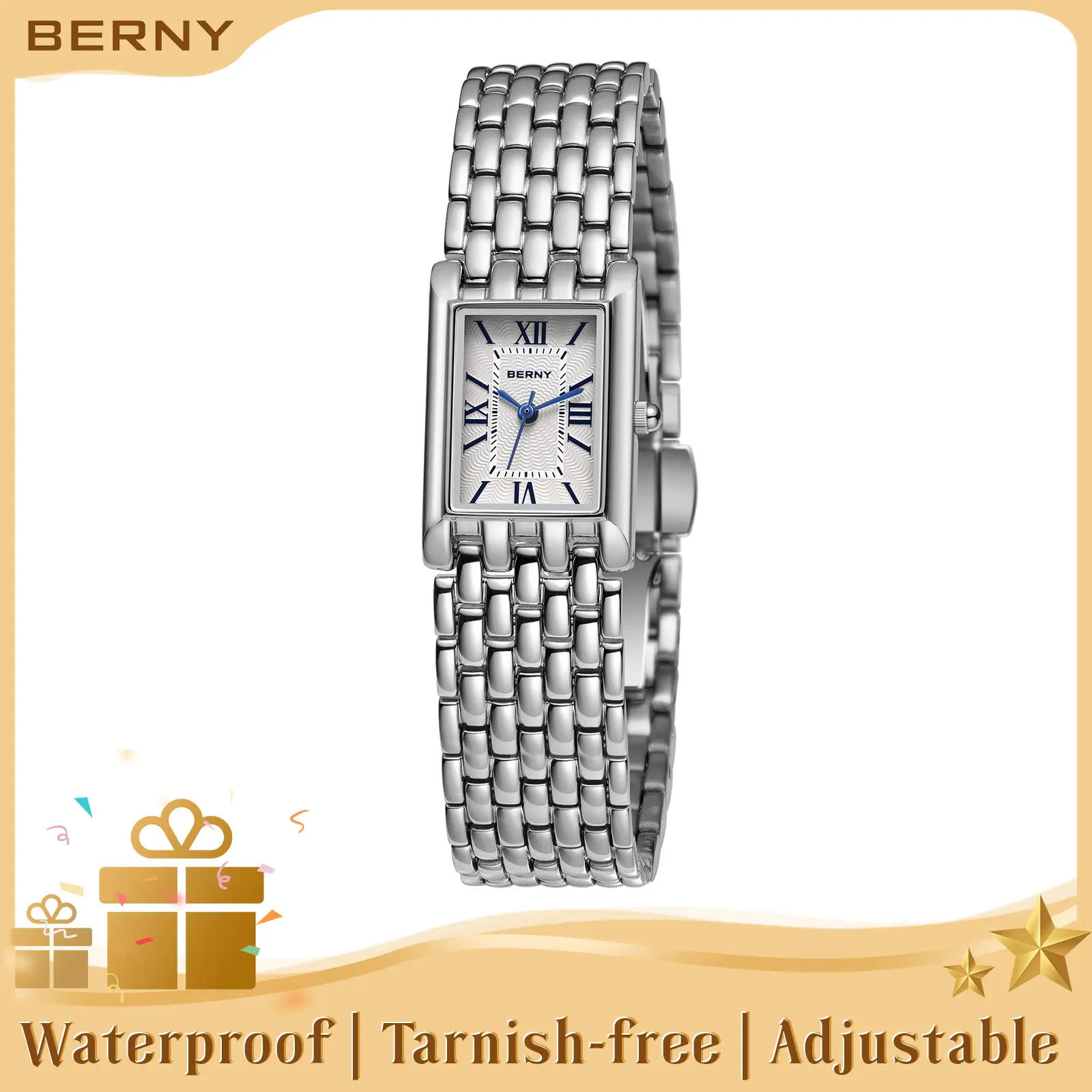 BERNY Women's Dainty Silver Quartz Watch, 3ATM Waterproof, Adjustable Stainless Steel Band, Minimal & Elegant Jewelry Watch, Perfect Valentine's Gift, Relojes de Mujer, Fashion Summer Accessories