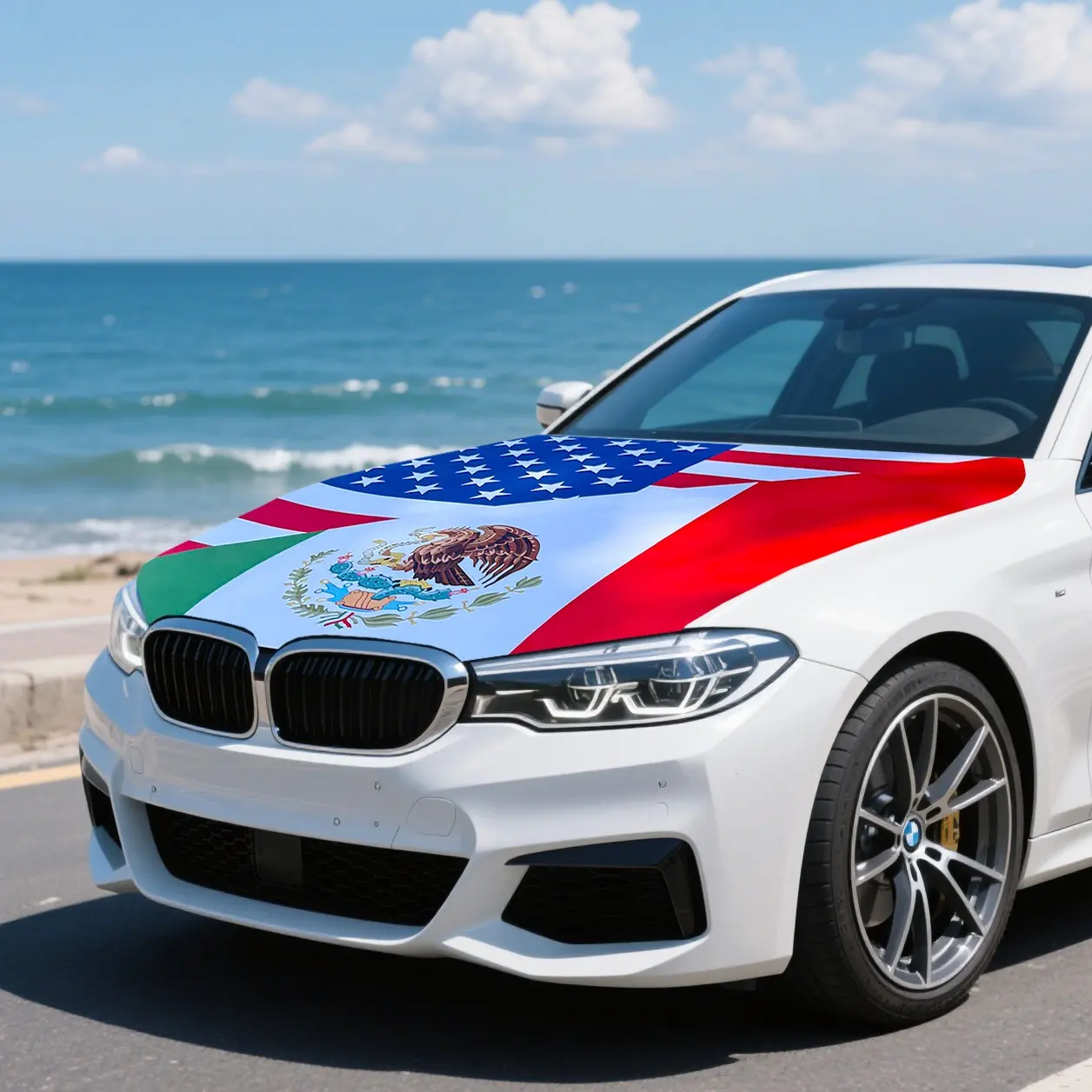 American-Mexican Patriotic Culture Flag Car Hood Cover, 5×4ft Automotive Vehicle Accessory, Vehicle Exterior Decoration for Bonnet Parades & Events, Car Accessories
