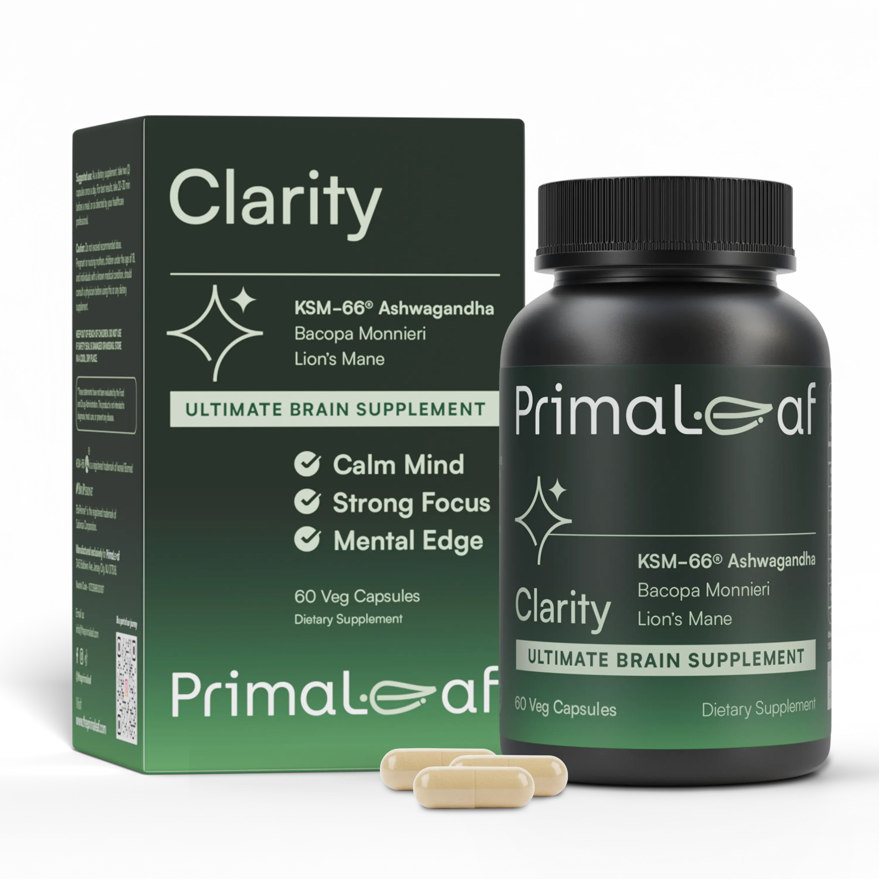 PrimaLeaf Clarity Nootropics Brain Supplement for Focus, Memory, & Stress Relief | Natural Nootropic with KSM66 Ashwagandha, Lions Mane, Bacopa, L Theanine | Cognitive & Mood Support | 60 Veg Capsules