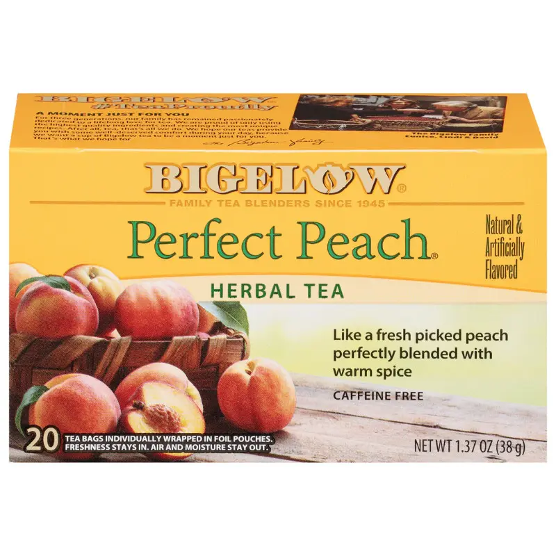 Bigelow Perfect Peach Sweet Herbal Tea Bags - 2x20ct Bulk Pack, Caffeine-Free, Real Fruit-Infused, Fat Free, Peachy Sweetness, Natural Fruit Flavor, Gourmet Healthy Pantry Staple for Hot/Iced Drinks