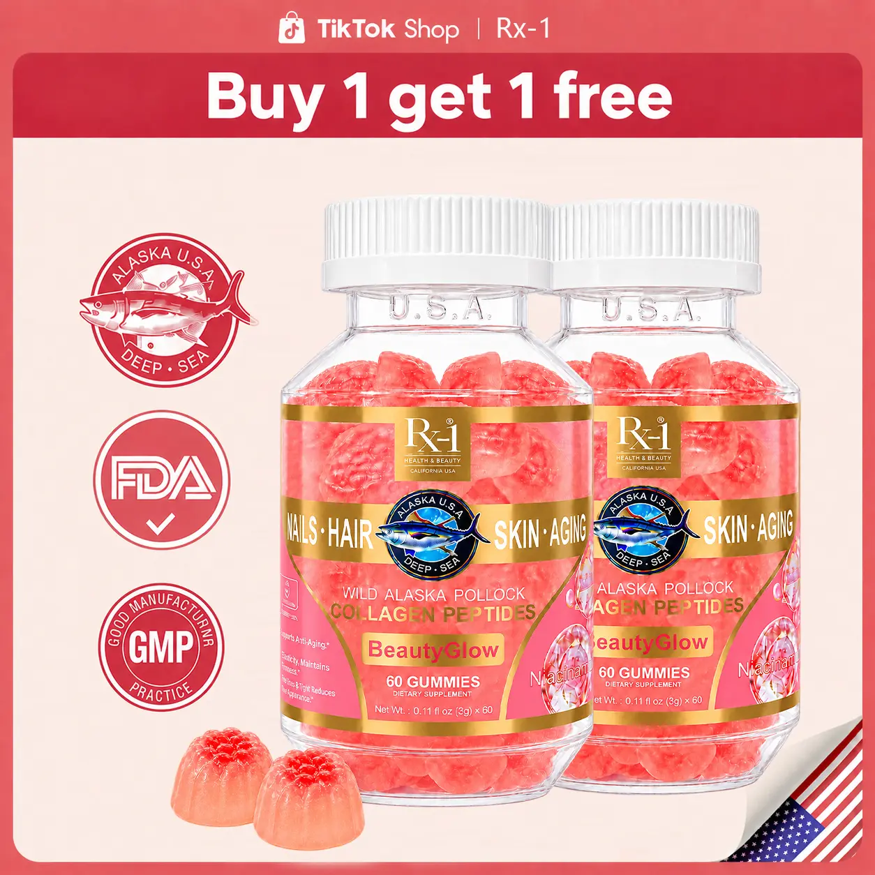 Rx-1  Hair, Skin & Nails Gummies with Wild Alaska Pollock Collagen Peptides, 3,332 mcg Biotin, Vitamins A, C & E, 60 Count, 30-Day Supply