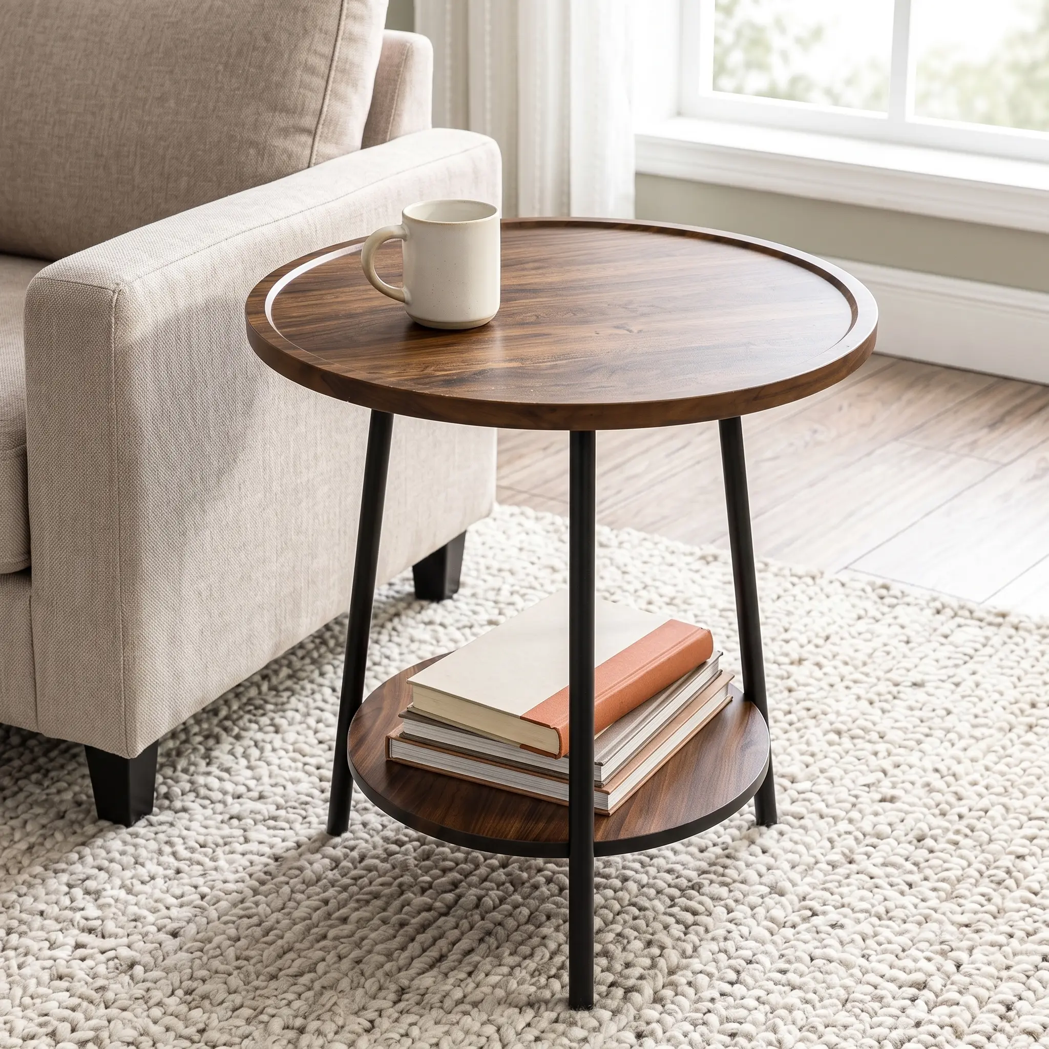 2-Tier Round Modern Side Table with Metal Frame, Walnut Engineered Wood Accent - Versatile End Table Nightstand for Living Room, Bedroom