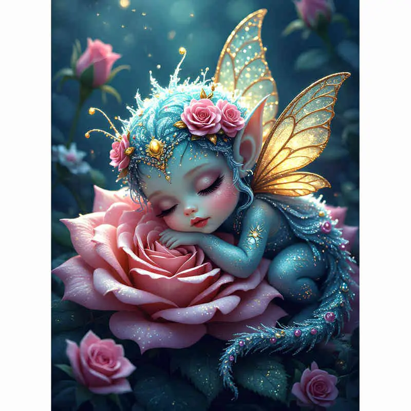 5D Full Drill Diamond Painting Kit - Adorable Sleeping Rose Fairy, Baby Fairy with Golden Wings on Pink Rose Bloom, Fantasy Floral Art Style, Round Acrylic Diamonds, Diamond Pattern Design, Fairy & Floral Themed DIY Art for Home Decor