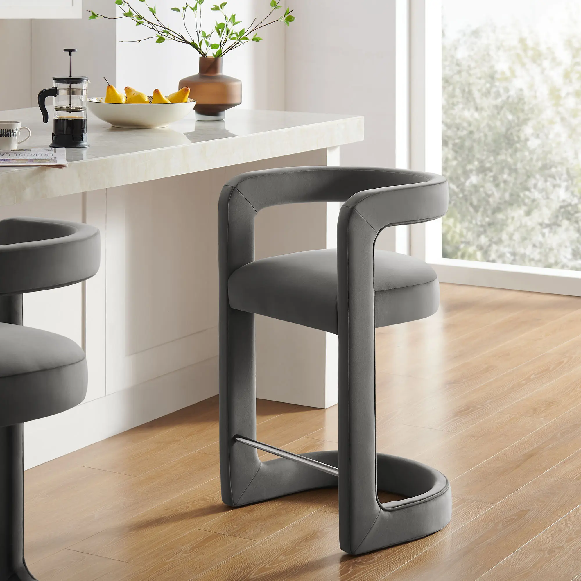 Winslow Performance Velvet Counter Stool - 35-Inch Comfy Storm Gray Indoor Furniture with Curved Legs, 330 lbs Capacity, Modern Aesthetic for Dining Room, Home Bar