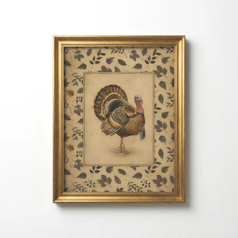 Vintage Turkey Wall Art, Rustic Farmhouse Thanksgiving Print, Antique Wild Turkey Poster, Cottagecore Fall Decor, Autumn Wildlife Artwork