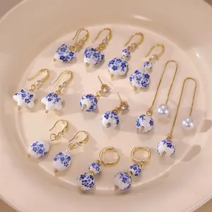 Blue and White Porcelain Bead Dangle Earrings Beads Charm Bracelet Vintage Handmade Dainty Romantic Jewelry Fan Teapot teacup Earrings Bracelet Necklace for Women Chinese Vintage Hand-painted Flower Pattern Ceramic Unique Design Gifts