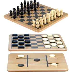 Reversible Wooden Board for Chess, Checkers & Tic-Tac-Toe - 24 Interlocking Wooden Checkers and 32 Standard Chess Pieces - for Age 8 to Adult for Family Fun