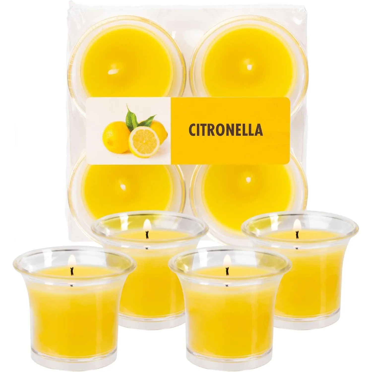 Clear Cup Scented Votive Candles - Citronella, 12 Hour Burn Time, 4 Pack, European Made