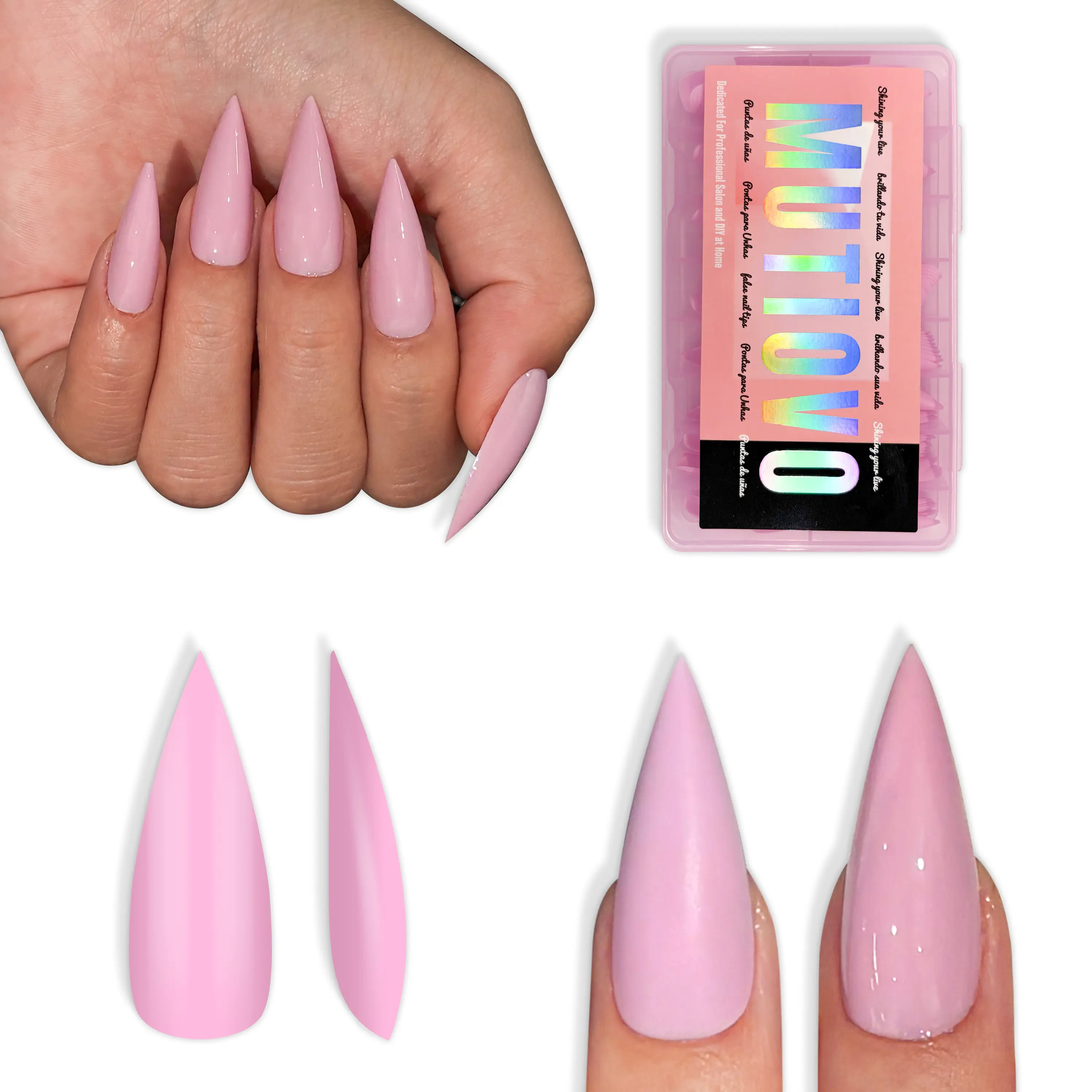 MUTIOVO Medium Sharp Stiletto Nail Tips 224 Pcs, Solid Pure Color Pink Soft Gel Press on Nails, Pre-Colored Full Cover Artificial Fake Nails for Home DIY & Salon, 16 Sizes