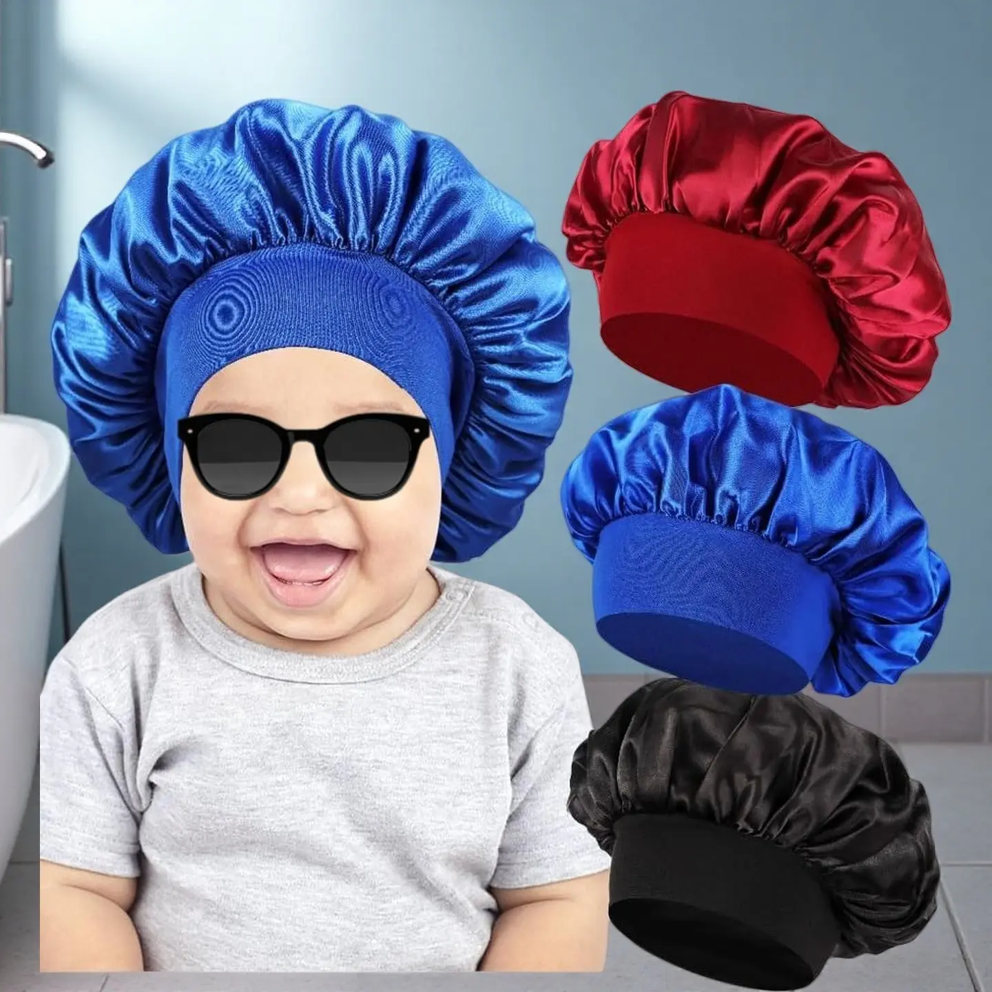 L-L019 Kids' 3-Pcs Silk Sleep Bonnets, Ultra-Soft Haircare Hats for Boys & Girls, Gentle Luxury Caps to Protect Delicate Hair & Prevent Overnight Frizz