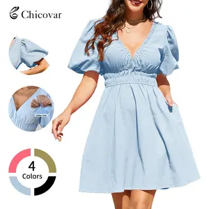 Chicovar Women's Boho Puff Sleeve Textured Cotton Mini Dress with Pockets, Deep V Neck Smocked Waist Flowy Summer Dress, Lightweight, Perfect for Vacation, Daily Wear, Party, Church Casual Outfit Minimalist