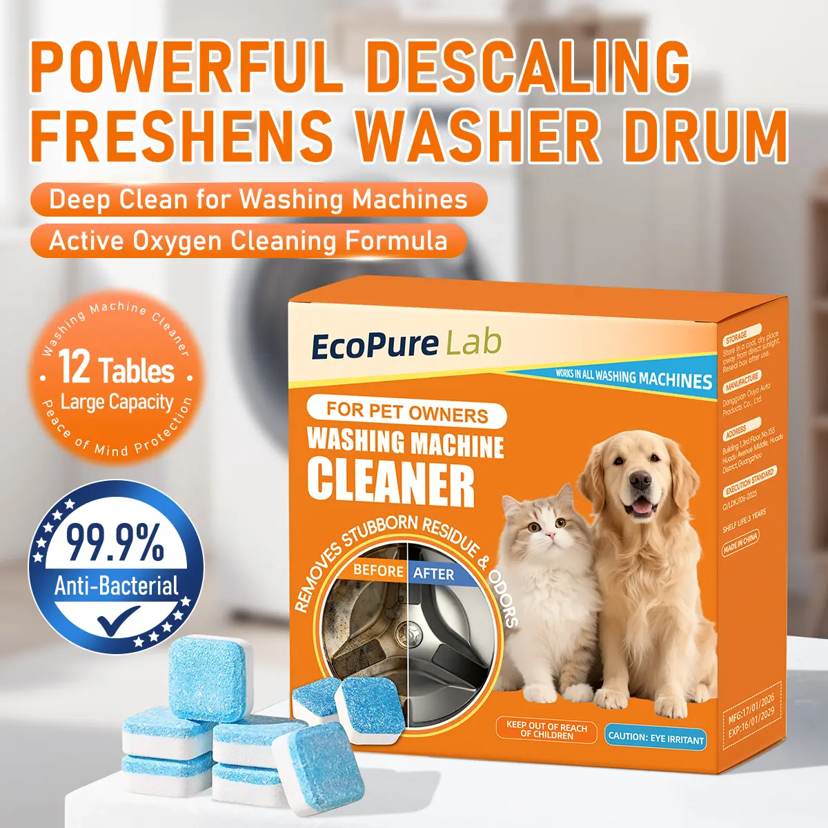 EcoPure Lab Washing Machine Cleaner Descaler 12 Pack Deep Cleaning Tablets For HE Front Loader & Top Load Washer, Septic Safe Eco-Friendly Deodorizer, Clean Inside Drum And Laundry Tub Seal - 12 Month Supply Multifunction Strong Deodorization