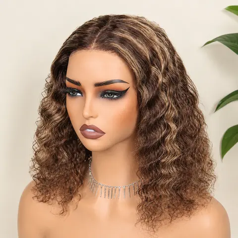 UNIKY Women's 100% Human Hair Glueless Lace Closure Wig - 6x4 & 7x6 Transparent Lace Part, Deep Wave Bob, Highlights, Ombre, Preplucked Natural Hairline, Baby Hair, Bleached Knots, Wavy, Natural Looking, Wavy Human Hair, Lace Part Wig
