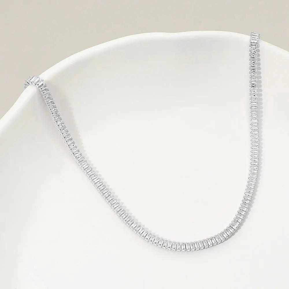 18K Gold Dipped Baguette Tennis Chain Necklace: Clear,Silver