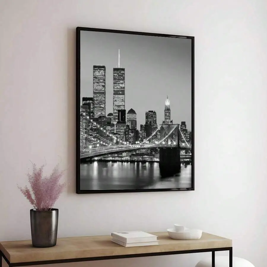 Vintage New York Skyline Wall Art Twin Towers Brooklyn Bridge Night Canvas Poster Cityscape Print Modern Home Office Decor, Wardrobe, Black And White