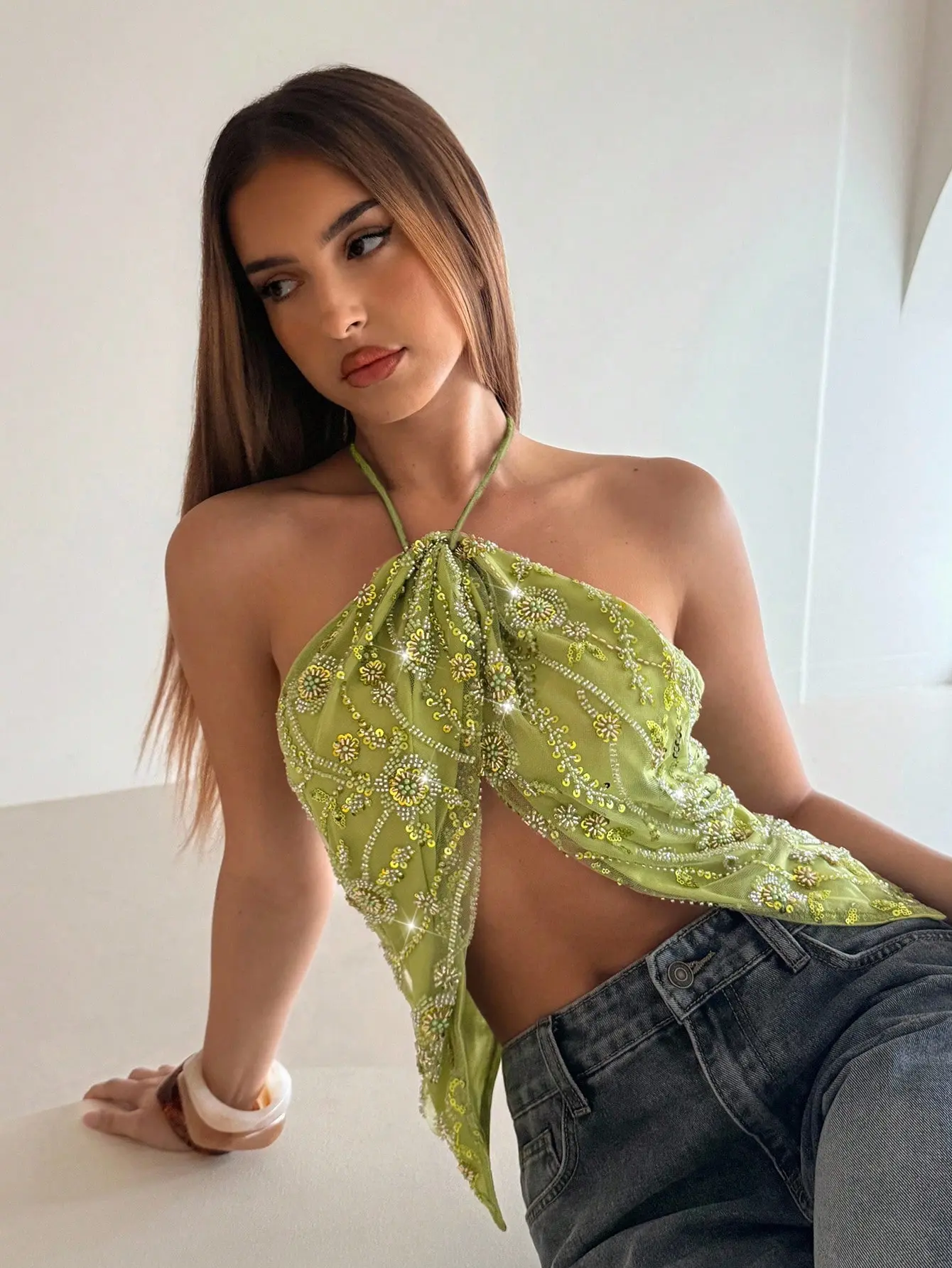 Women’s Green 3D Floral Halter Top Beaded Embroidered Backless Tassel Summer Vacation Blouse, beaded halter top, backless summer top, boho vacation outfit, beach vacation clothes