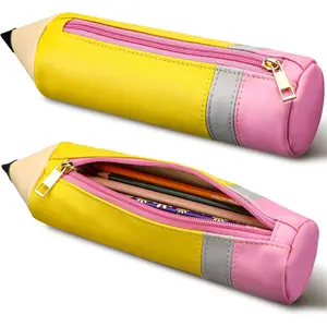 L-PCB020 1 Pcs Pencil Shaped Case, Leather Teacher Pencil Pouch, Cute 3D Dimensional Pen Holder with Zipper, Funny Large Capacity Pen Bag for Teacher Gifts (Classic)
