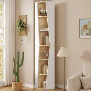 71inch Tall Narrow Bookcase, 6-Tier Corner Shelf Bookshelf, Cube Storage Display Rack, Suitable for Living Room, Natural Color
