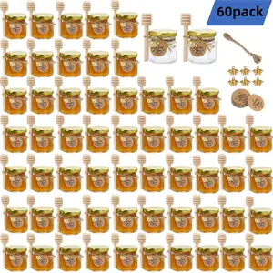 12/20/30/50/60pcs, Mini Honey Jars with Dipper, Hexagonal Glass Containers, Glass Food Container, Lid Included, Kitchen Sealed Jars, Multiple Capacities, Perfect for Baby Shower Gifts
