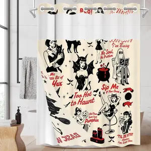 1 Pack No Hook Double Layer Shower Curtain, Retro Witch Print Bath Curtain, Machine Washable, Waterproof, Mildew Resistant, Durable Fabric, Halloween Bathroom Decor, Removable Liner, Top See-Through Window, Partition Curtain 71"×74"