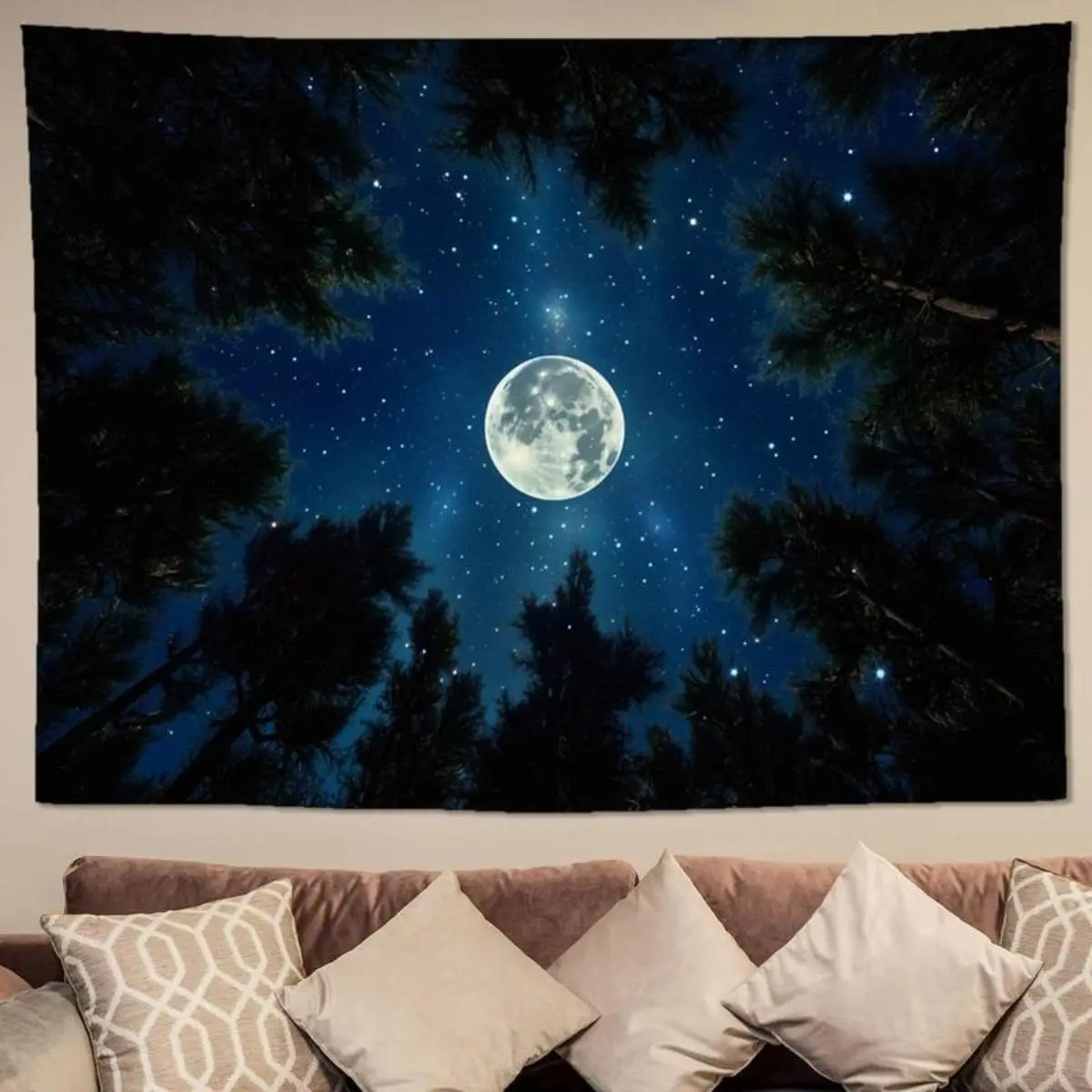 Forest Galaxy Tapestry for Bedroom Ceiling - Starry Night Sky with Moon and Trees, Blue Aesthetic Wall Hanging, Milky Way Landscape Backdrop for Living Room and Dorm Decor Gift Photo Nature