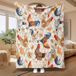 Rooster Pattern Flannel Weave Throw Blanket - 100% Polyester, Soft, Multi-Size, Warm for Indoor Use, Air-Conditioned Spaces, Home & Office
