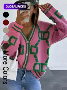 Women's Colorblock Button-Front Cardigan, Casual Drop-Shoulder Long Sleeve V Neck Sweater for Spring & Fall, Knitting Clothes for Women, Ladies Knitwear for Daily Wear, Everyday, Fit, Tops