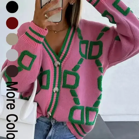 Colorblock Knit Cardigan with Button Front, Long Sleeve V-Neck Open-Front Sweater, Casual Loose-Fitting Pullover for Women