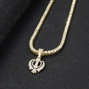 Sikh Symbol Necklace Indian Punjabi 18k Stainless Steel Full Diamond Jewelry for Commemorative Gift for Mother's Day