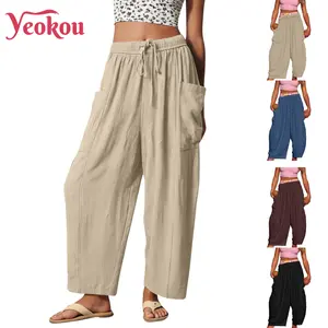 Yeokou Women's Oversized Wide Leg Lantern Pants Summer Beach High Waisted Capris Casual Baggy Trousers with Large Pockets Elastic Waist Yoga Lounge Pants