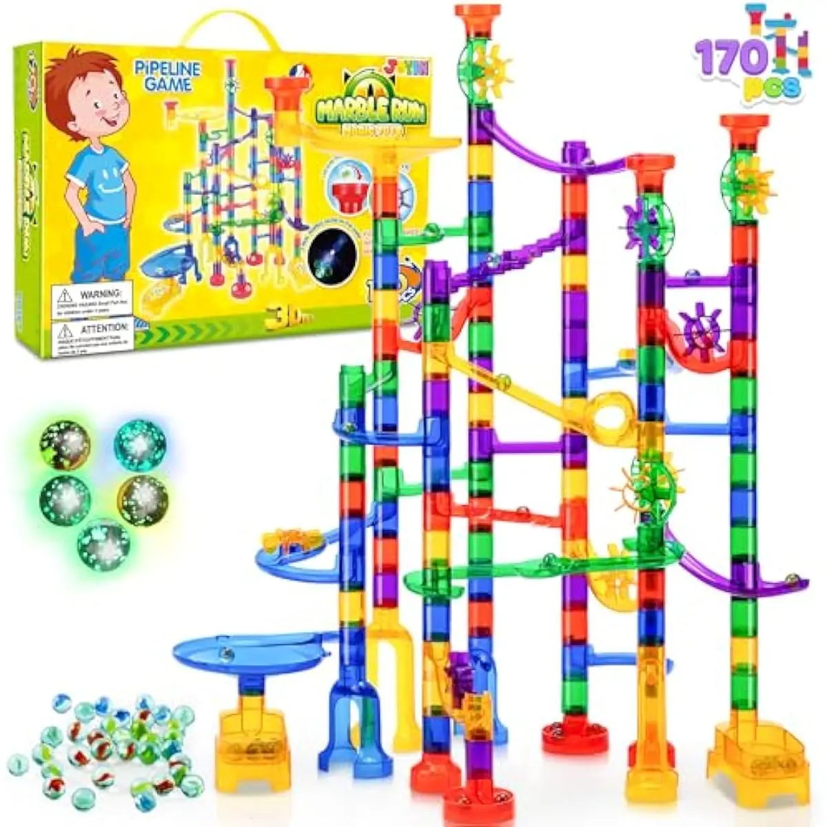 170Pcs Glowing Marble Run, Construction Building Blocks Toys with 5 Glow in The Dark Glass Marbles, STEM Educational Building Block Toy, Birthday Gifts, Easter Basket Stuffers