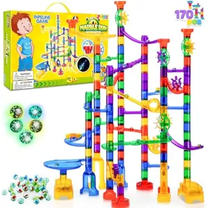170Pcs Glowing Marble Run, Construction Building Blocks Toys with 5 Glow in The Dark Glass Marbles, STEM Educational Building Block Toy, Birthday Gifts, Easter Basket Stuffers