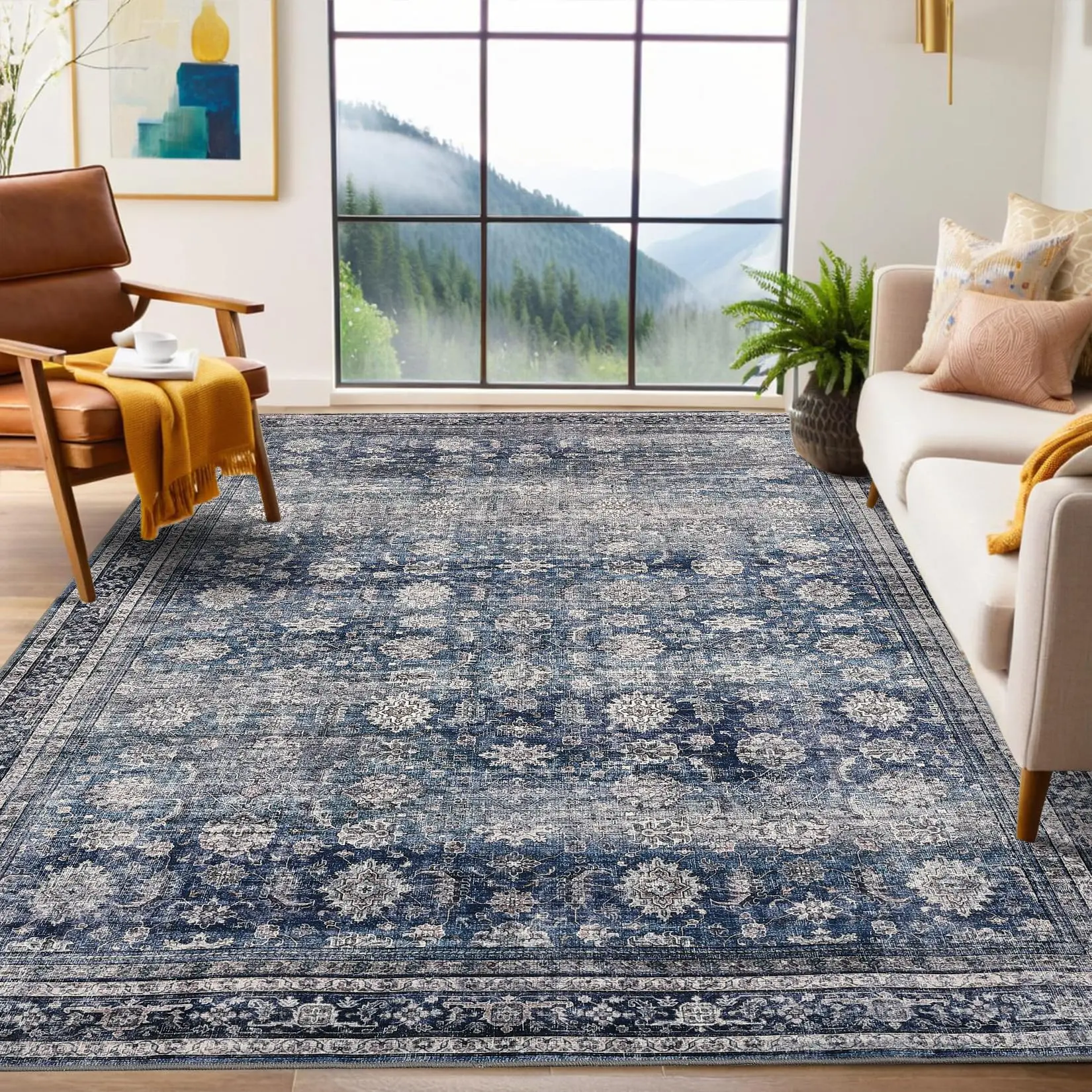 GARVEE Area Rugs 4x6 Vintage Printed Floor Carpet with Non-Slip Backing, Stain-Resistant Oriental Throw Rugs, Washable Farmhouse Low Pile Rugs for Living Room, Bedroom, Office, Blue
