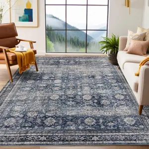 GARVEE Area Rugs 4x6 Vintage Printed Floor Carpet with Non-Slip Backing, Stain-Resistant Oriental Throw Rugs, Washable Farmhouse Low Pile Rugs for Living Room, Bedroom, Office, Blue