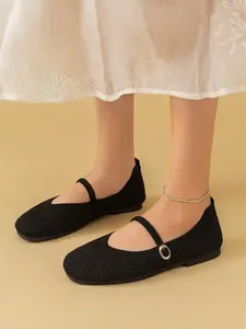 Women's Breathable Knit Mary Jane Flats - Square Toe Slip-On Shoes with Buckle Strap Footwear