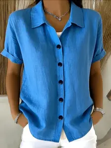 Fashion Solid Color Short-Sleeve Shirt Plus Size Casual Button Front Loose Fit Blouse, Stylish Rolled Cuff Detail Party Casual Blouses
