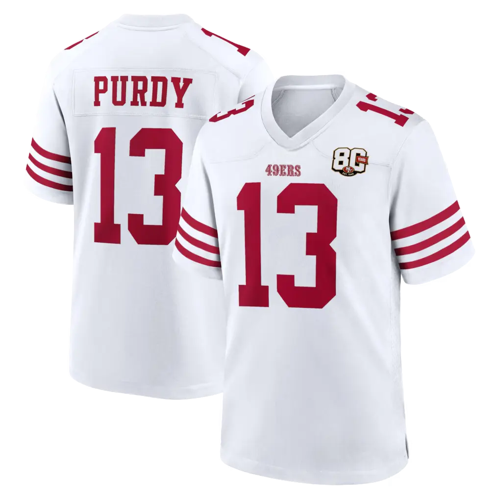 Trendy Football Season 2026 Full Logo Printed Purdy 13 Football Jersey Tee Shirt, 80th Anniversary Game Jersey Football Tee, Alternate Custom Game Jersey, Sport Activewear for Men Women