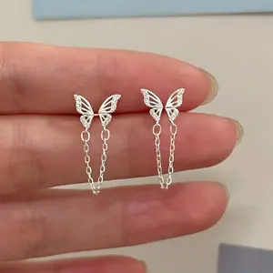 Cute Tiny Butterfly CZ Double Piercing Huggie Small Stud With Short Chain 925 Sterling Silver Cuff Wrap Earrings for Women Cartilage Two Holes Animal Dangle Drop Hypoallergenic
