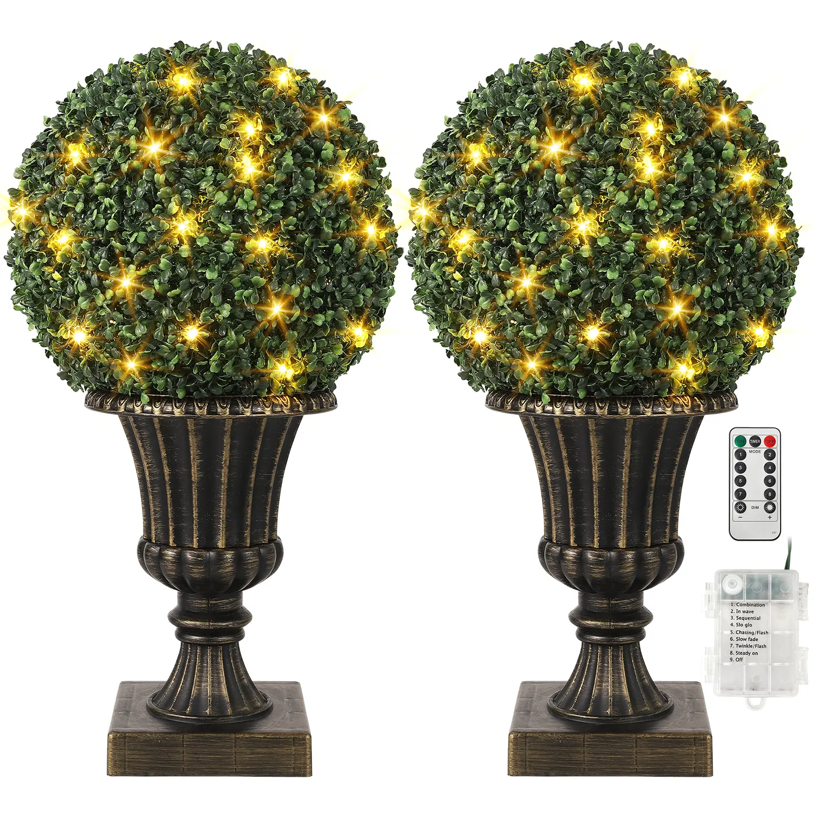 2 Pcs 16'' Artificial Boxwood Topiary Balls with 40 LED Lights, Gold Urn Base, 8 Lighting Modes, LED Effects, 3-Way Hanging, Easy Assembly, 6H On/18H Off Timer, All-Year Green Faux Decor for Indoor-Outdoor Use, Led Mood Light