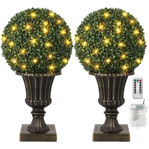 2 Pcs 16'' Artificial Boxwood Topiary Balls with 40 LED Lights, All-Year Green Faux Decor for Indoor & Outdoor, Gold Urn Base, 8 Lighting Modes, Easy Hang & Assemble