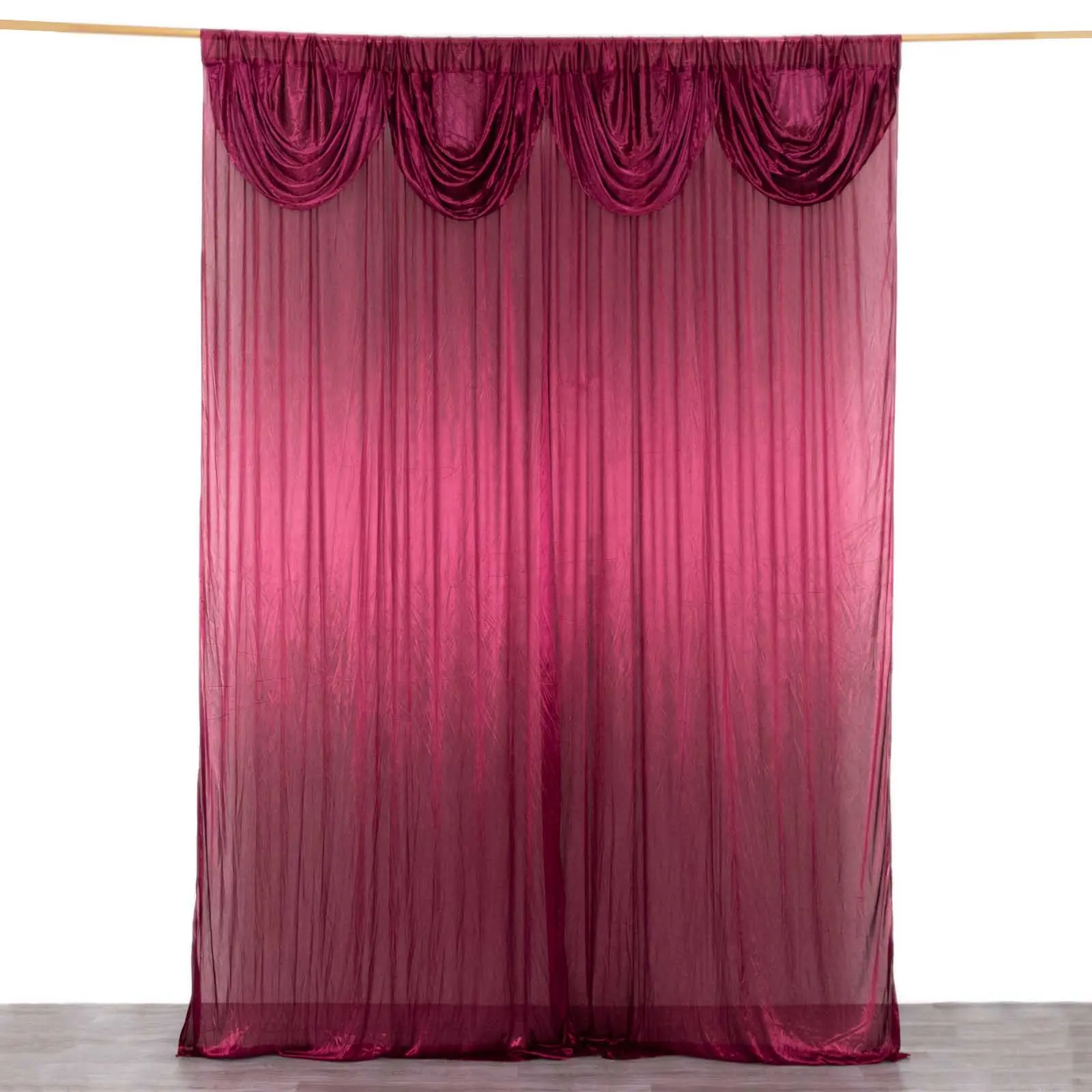 10ftx10ft Burgundy Double Drape Pleated Satin Home Decoration Curtain Drapes, Glossy Photo Backdrop Event Panel for Weddings & Parties